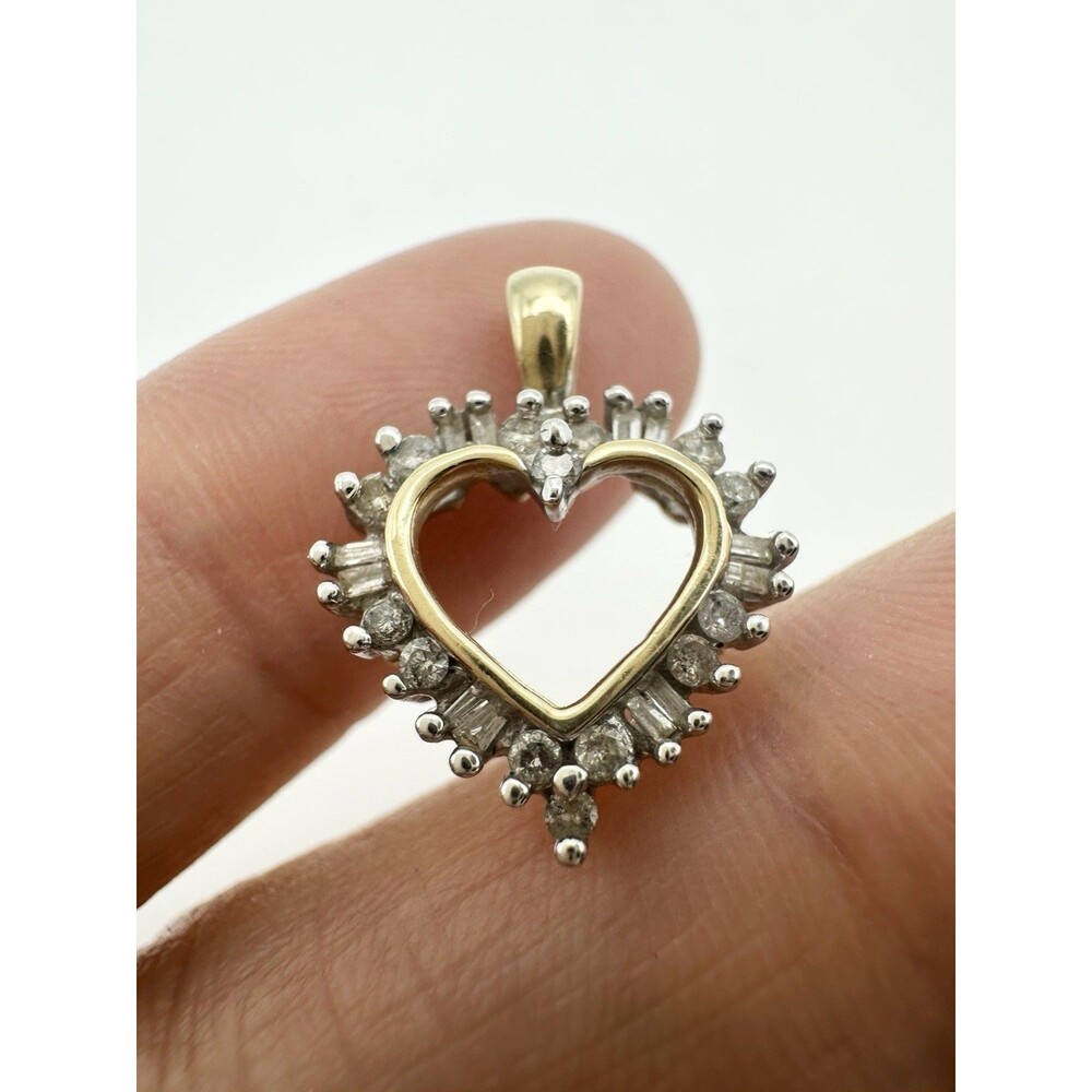 Vintage 10k Gold Genuine Baguette Round Diamond Open Heart Pendant